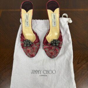 JImmy Choo Burgundy Fan Design Satin with Metal Berries